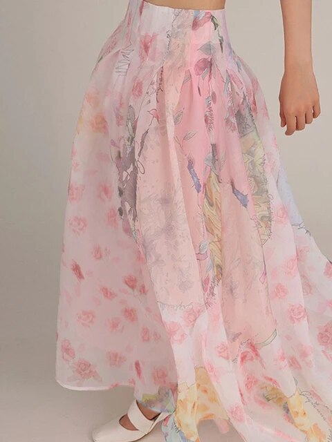 Summer New In Floral Print Vintage A-line Pink Skirt High Waist Diffuse Long Skirt Sweet Mid-Calf Classic Elegant Soft