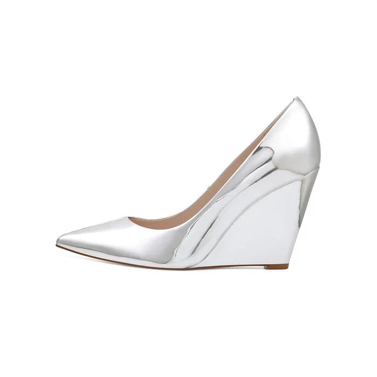 Silver TPU Pointed Toe Low Cut Wedge Heel Pumps Vdcoo