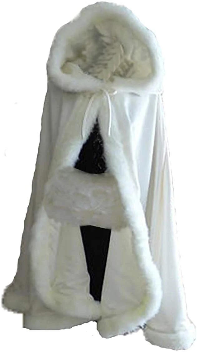 Women's Winter Cloak Hooded Faux Fur Edge Short Bridal Christmas Wraps
