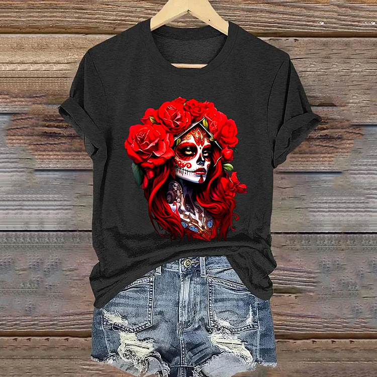 Mexican La Catrina Day Of The Dead Art Pattern Print Cotton Graphic T-Shirt