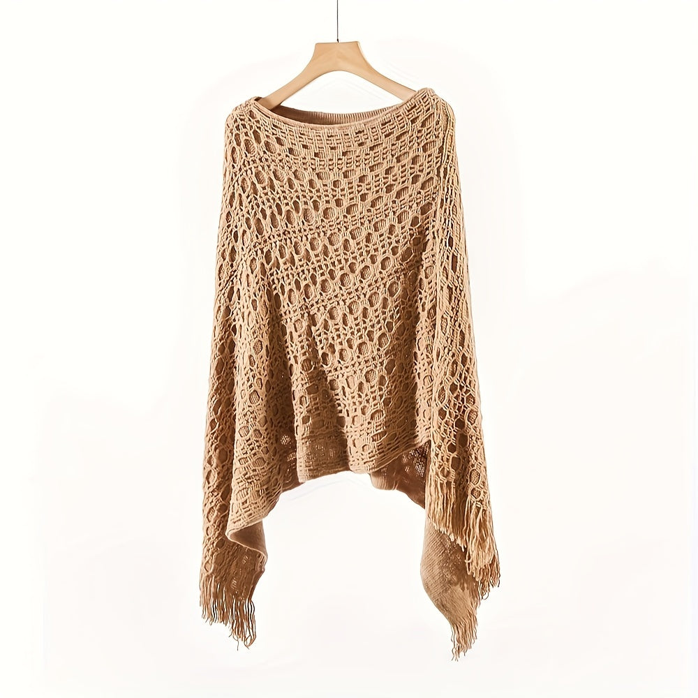 Knit Hollow Out Pullover Poncho Solid Color Tassel Double-layer Outside Wrap Shawl Stylish