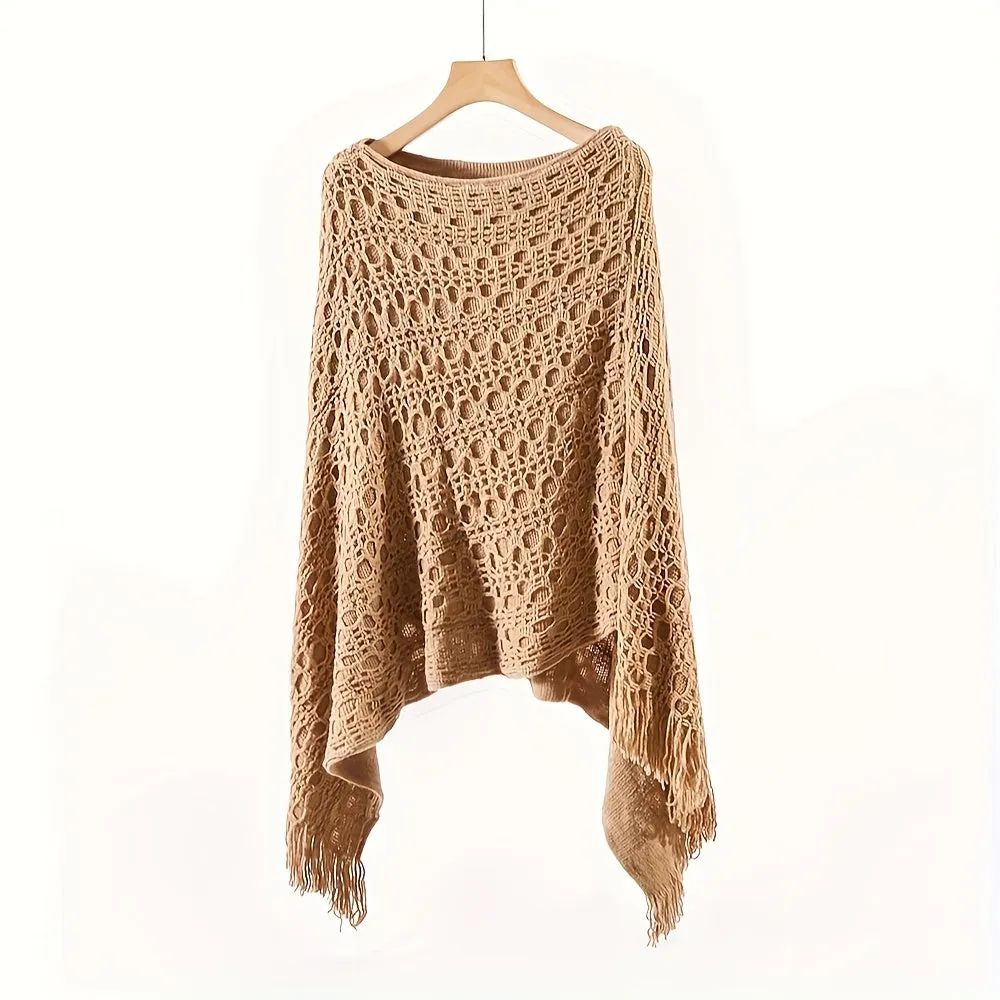 Knit Hollow Out Pullover Poncho Solid Color Tassel Double-layer Outside Wrap Shawl Stylish