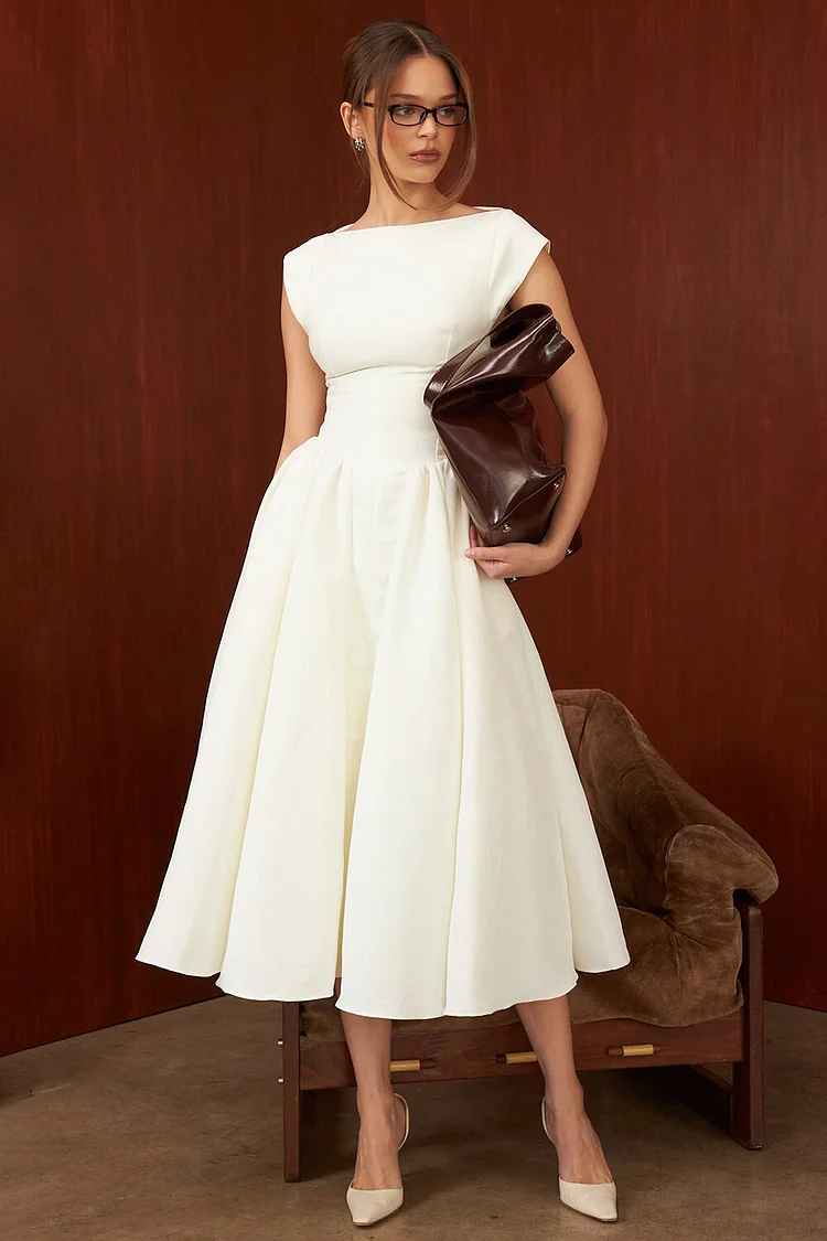 Solid Color Cinch Waist Cap Sleeve Backless Midi Dresses-OffWhite