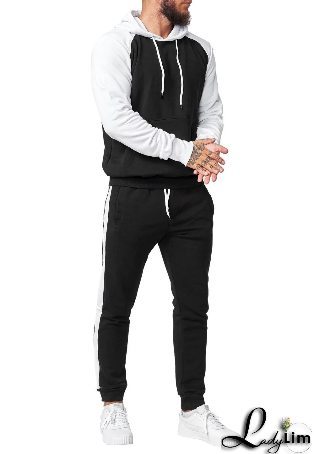 Men Winter Sportswear Colorblock Hooded Jacket And Casual Pant Two-Piece Set