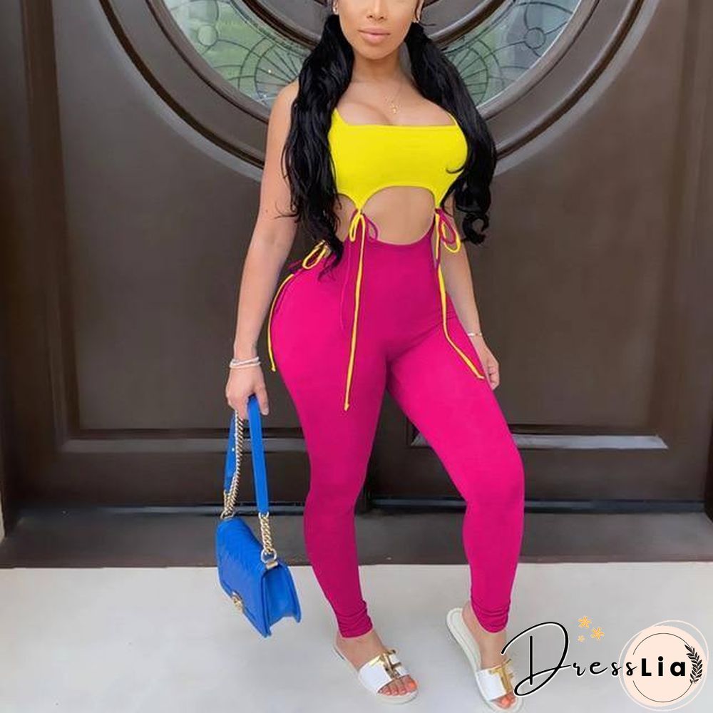 Hollow Out Patchwork Jumpsuit Rompers Trousers New Sexy Women Sleeveless Bodycon Jumpsuit Summer Sports Long Pants Jumpsuit