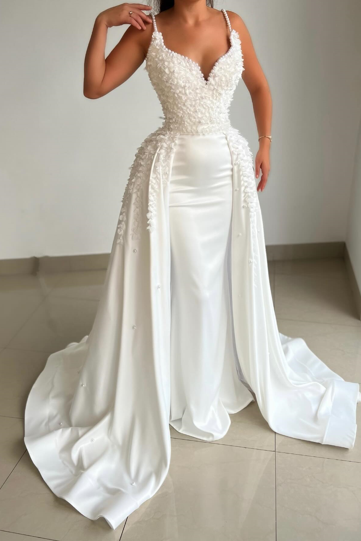 Stunning White Spaghetti-Straps Mermaid Prom Dresses With Pearls Overskirt Sleeveless - lulusllly
