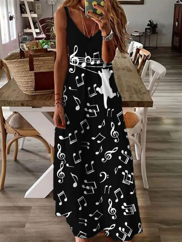 Cat Hanging Music Notes V Neck Cami Maxi Dress