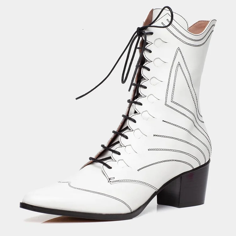 White Lace Up Boots Pointy Toe Chunky Heel Ankle Boots |FSJ Shoes