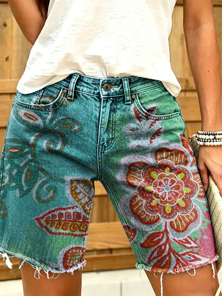 Vintage Flowers Women's Art Print Casual Denim Shorts