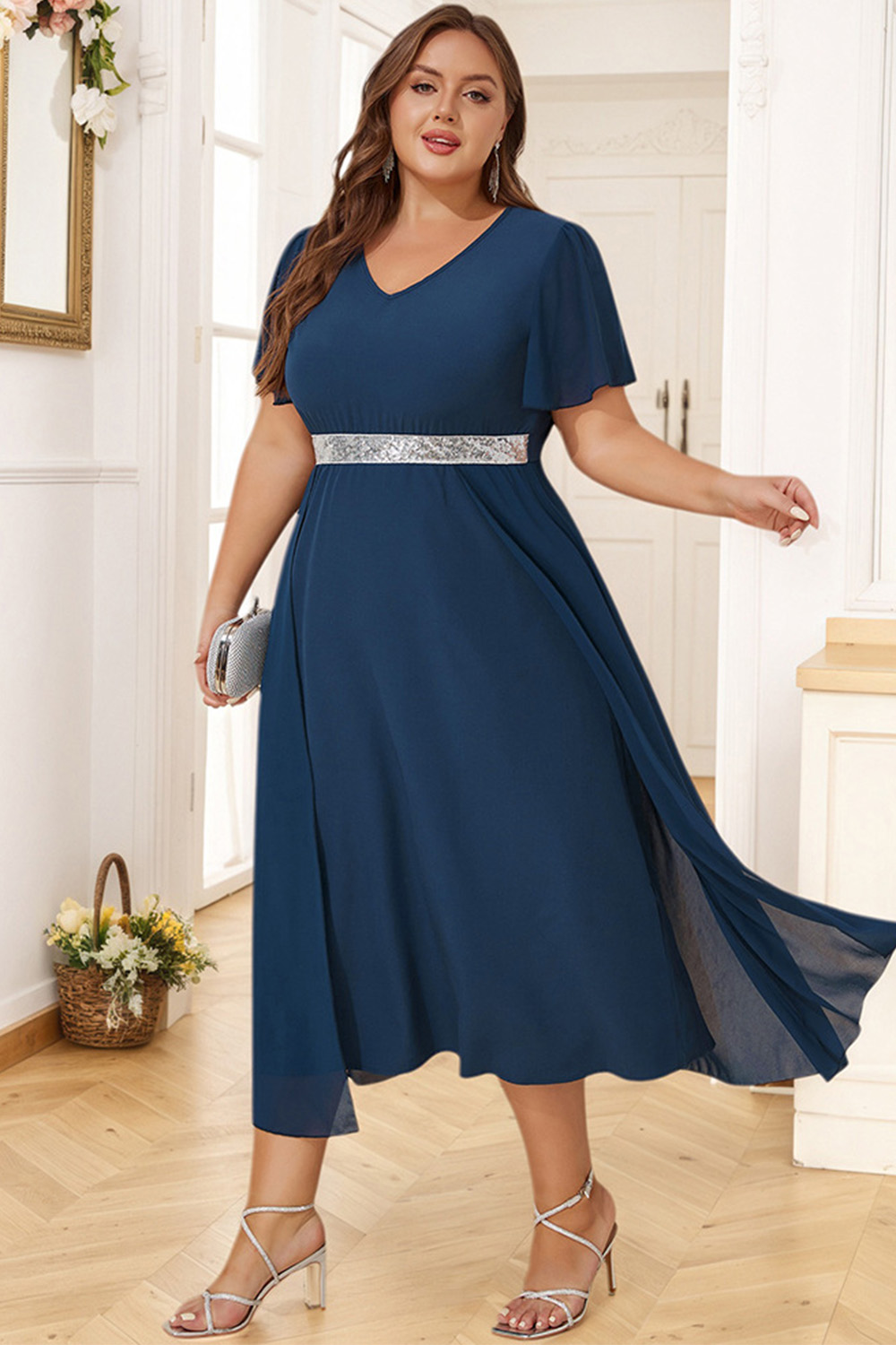 Plus Size Mother Of The Bride Navy Blue Chiffon Sequin Flutter Sleeve Tunic Layered Midi Dress 2024 - Flycurvy 