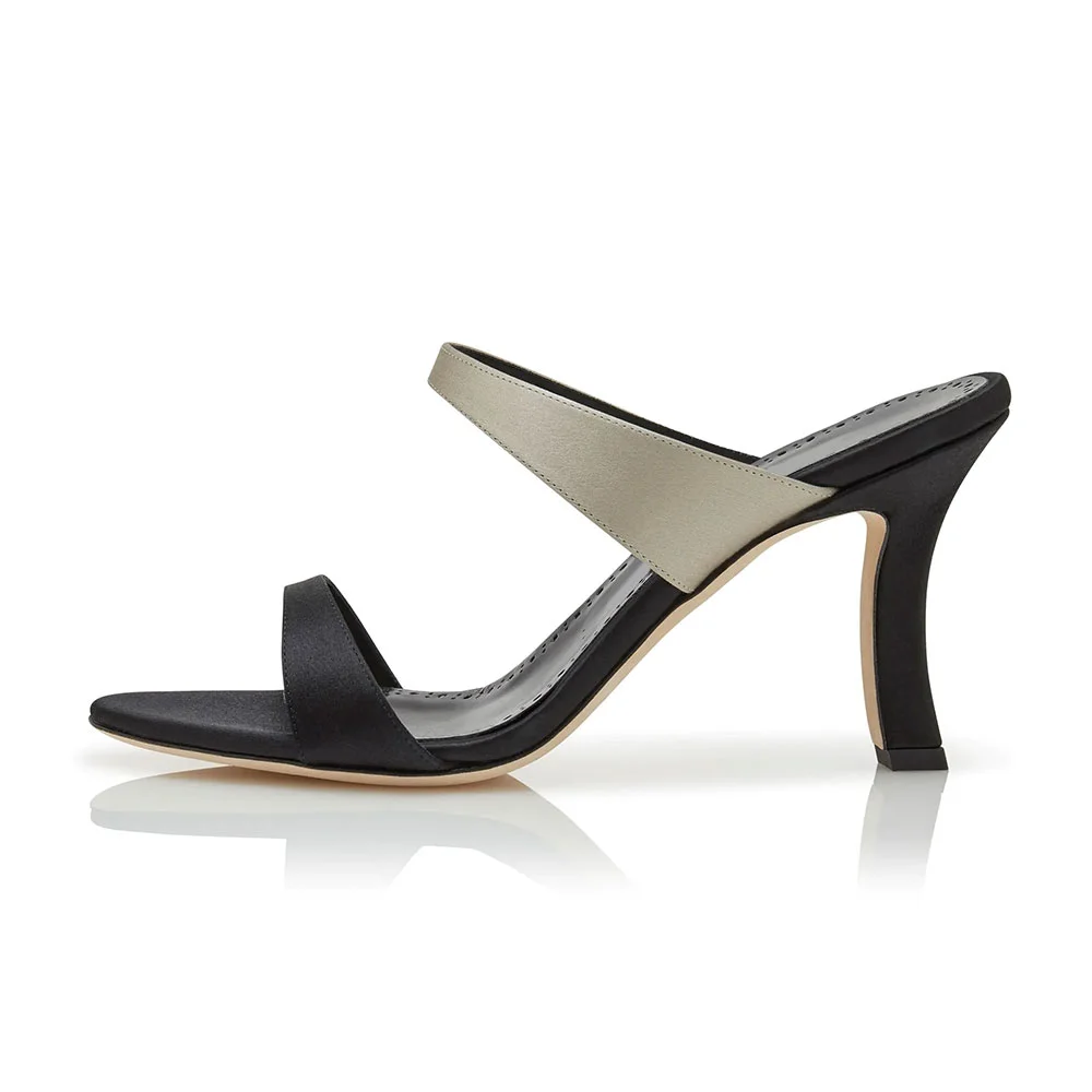 Black & Taupe Round Toe Slip-On High Heeled Mules with Two Straps