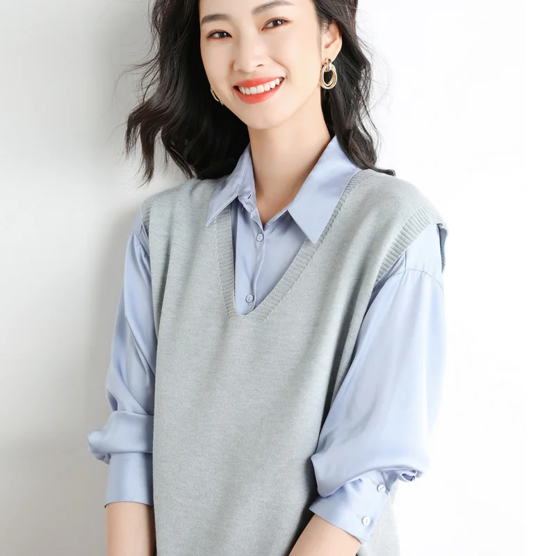 Churchf Churchf Blend 2024 Autumn / Winter New Ladies Loose V-Neck Solid Color Short Cover Vest Knit Vest Vest