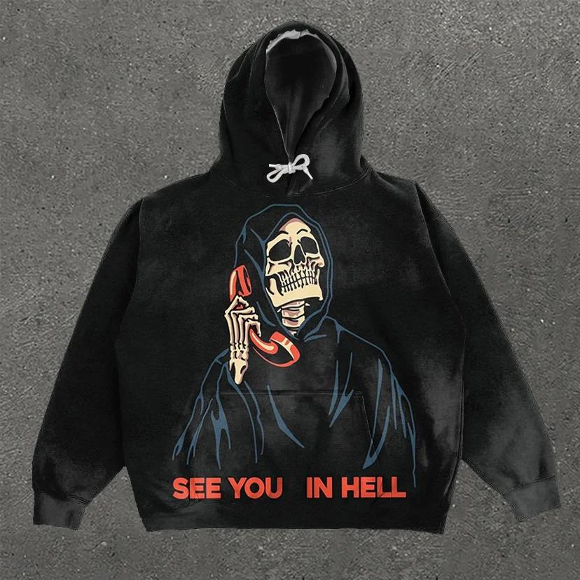 Skull Print Long Sleeve Hoodie