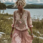 Boho Pink Roses Embroidered Lace Trim Flowy Linen Tunic - Image 2