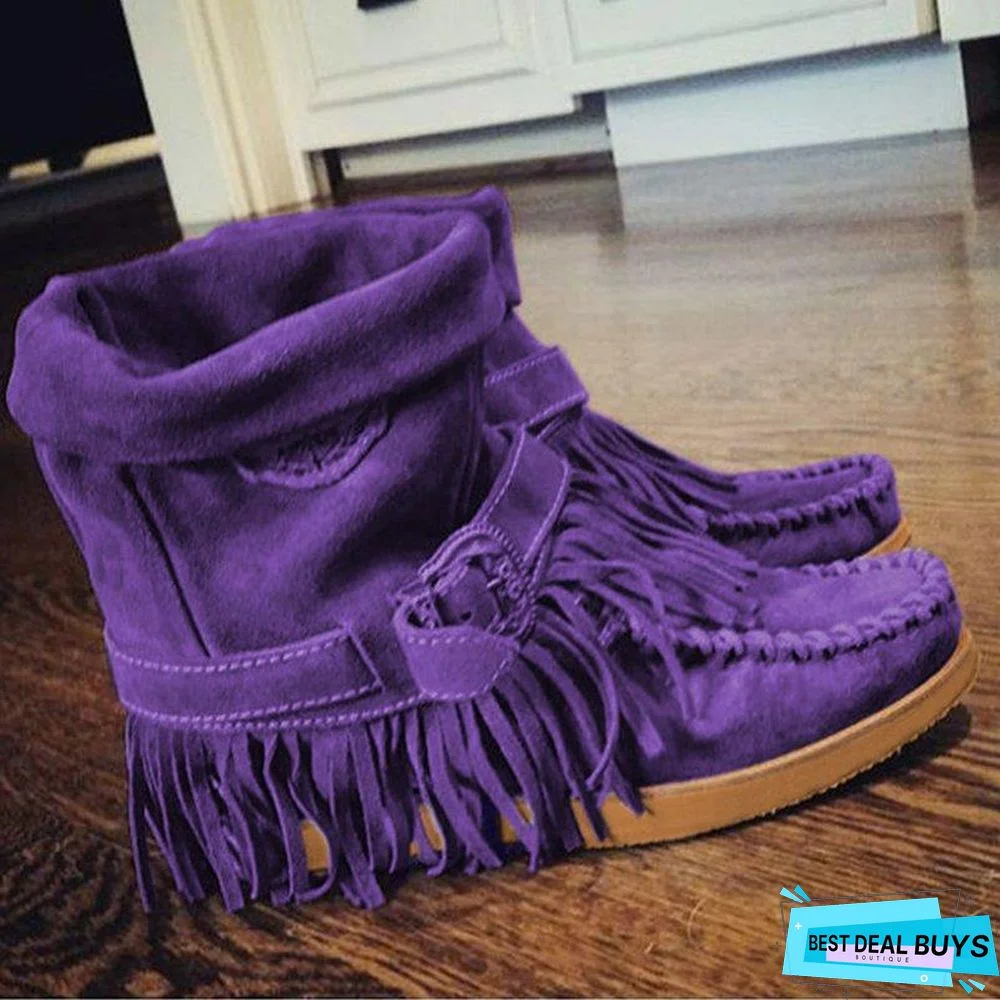 Women's Fringe Round Toe Retro Boots