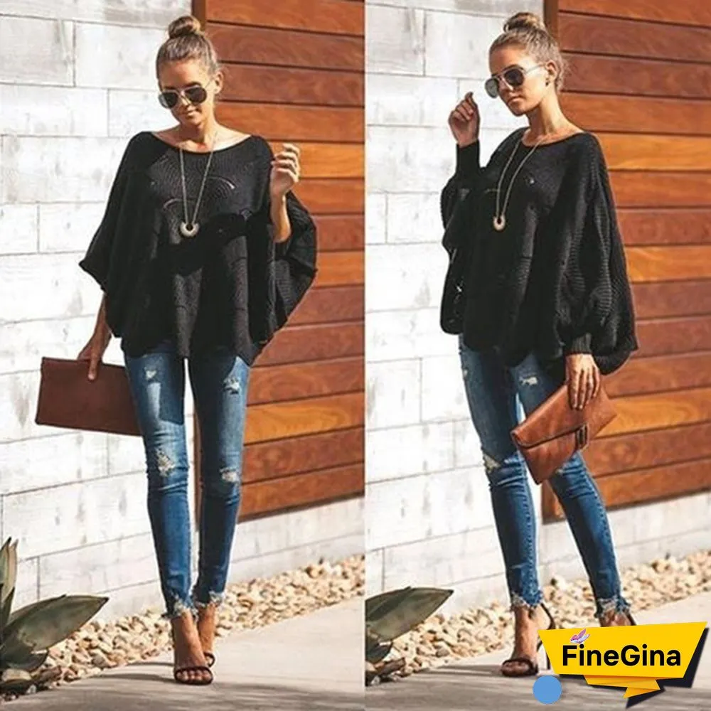 Women Plus Size Fashions Pure Color Hollow Out Bat Sleeve Loose Sweaters Ladies Autumn Winter Pullovers Tops S-5XL