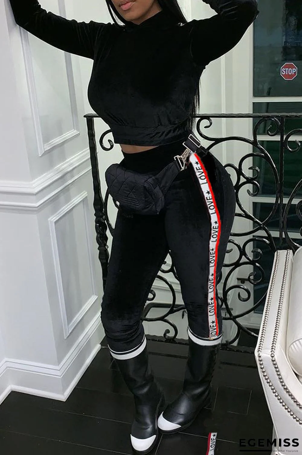 Black Elastic Fly Long Sleeve Mid Patchwork Solid Straight Pants Two-piece suit | EGEMISS
