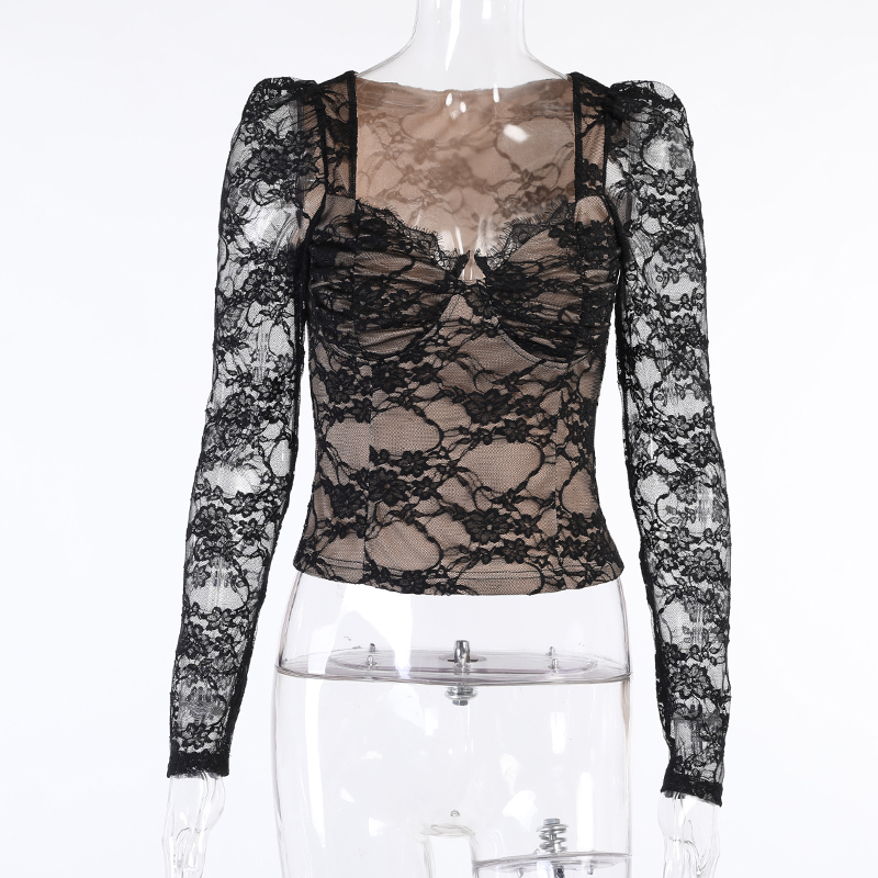 Sexy Black Waist V Neck Chest Cup Lace Long Sleeve Women's Top Summer Hollow T-Shirt 23604P