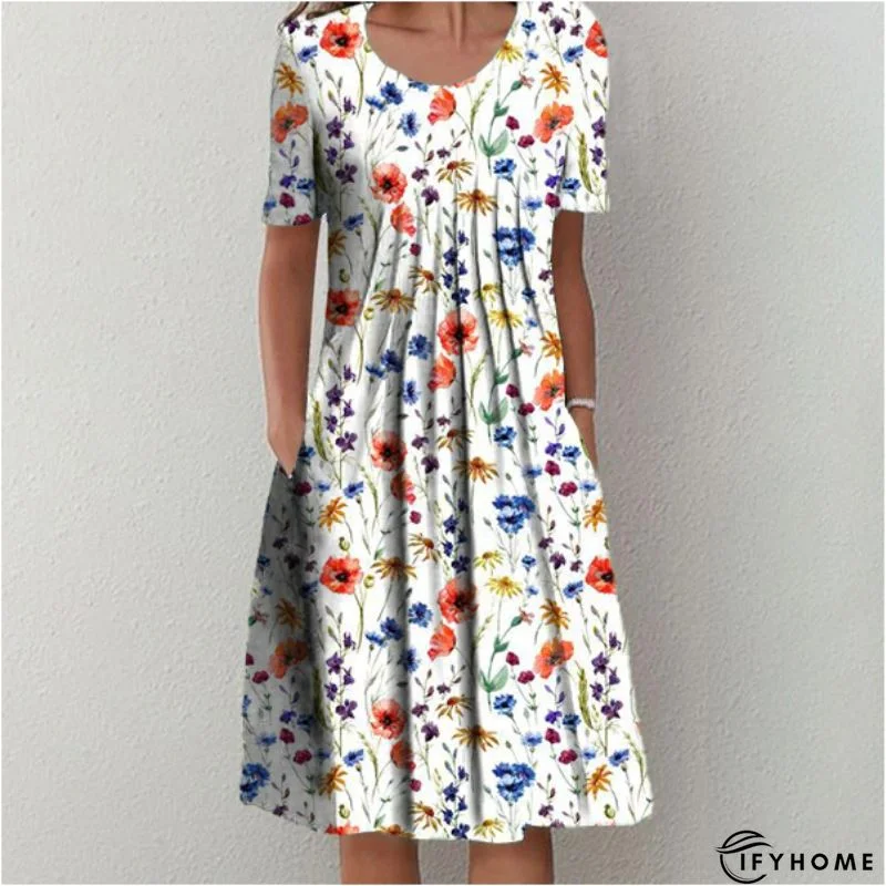 Vacation Floral Striped Casual Loosen Crew Neck Midi Short Sleeve Knit Dress | IFYHOME