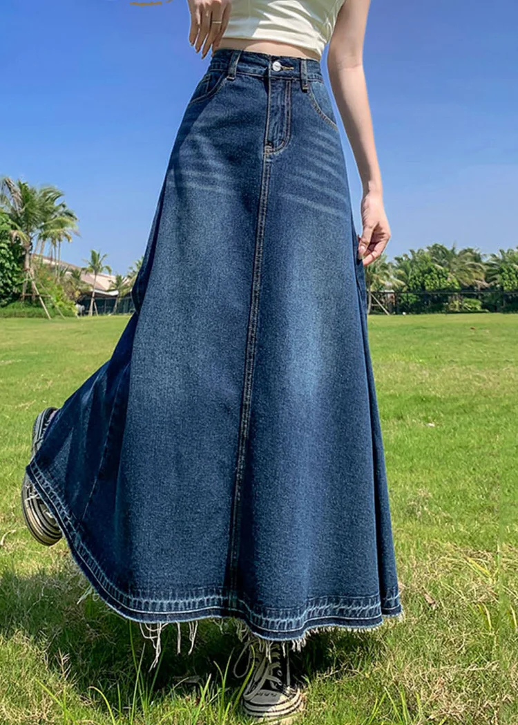Modern Blue Pockets High Waist Patchwork Denim A Line Skirts Summer