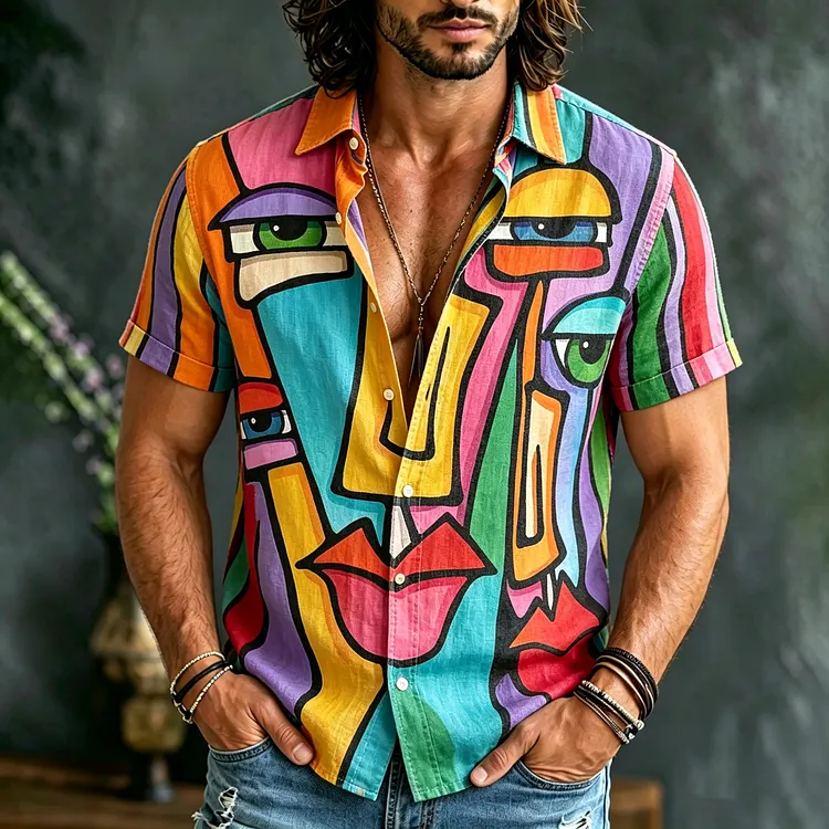 Men's Retro Hippie Pop Art Design Linen Short-sleeve Shirt