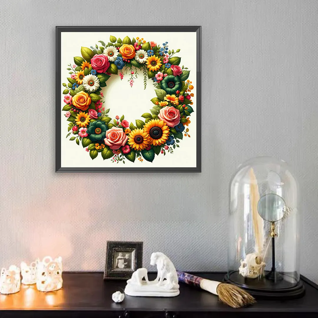 Sunflower Rose Wreath Full DIY 5D Square Drill Gem Art Diamond Painting Kits for Adults/Beginners Gift Idea Home Decor Diamond Dots Paintings Picture Arts Craft Crystal Art Paint by Diamond 35x35cm