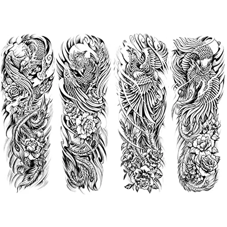4pcs Removable Tattoos Phoenix Disposable for Body Full Arm (170x480mm)