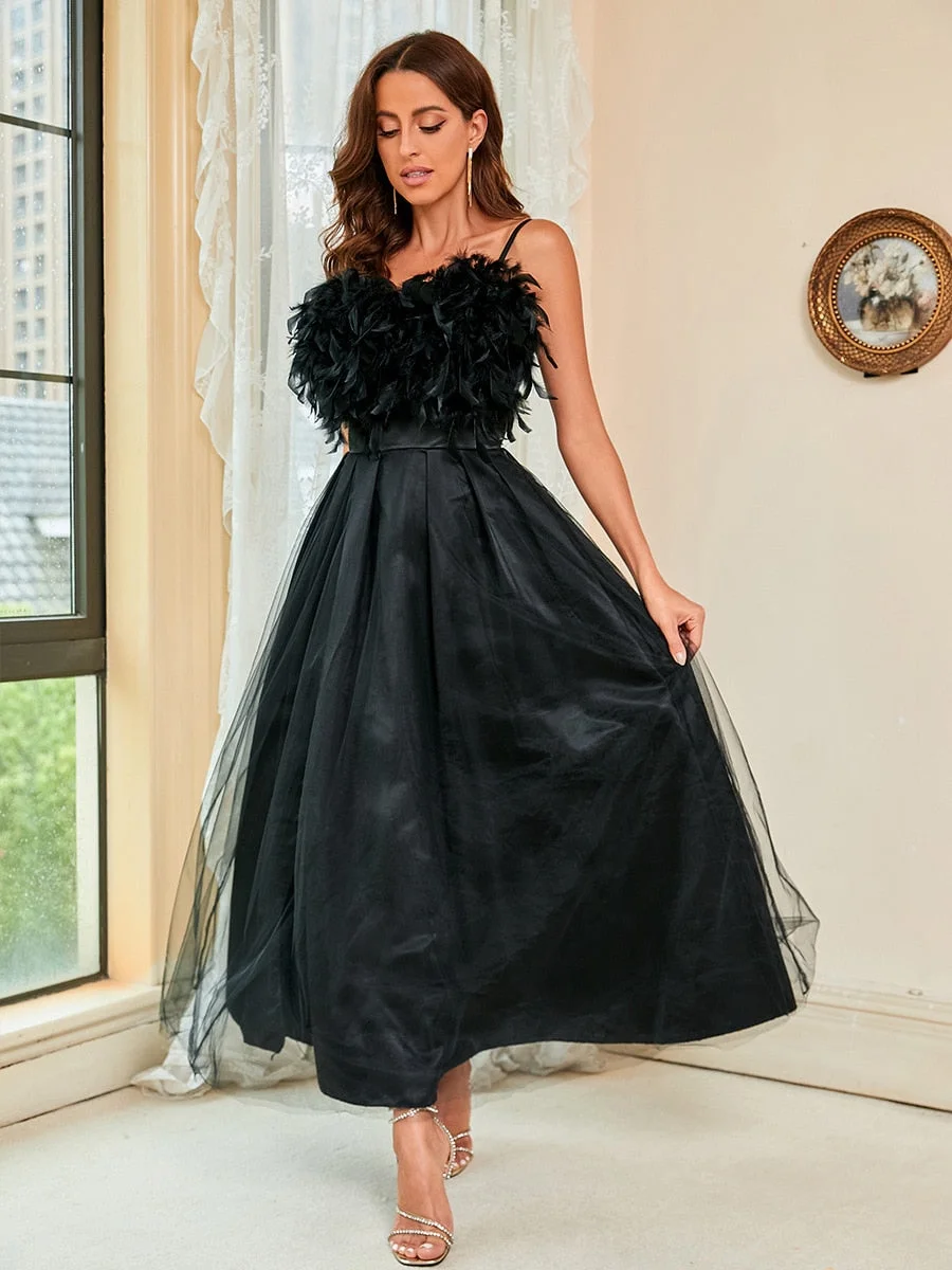 Wedding Guest  Summer Dress  Luxury Feather Black Evening Dresses Women Summer Elegant Mesh Spaghetti Sleeveless A Line Lady Club Birthday Party Dress