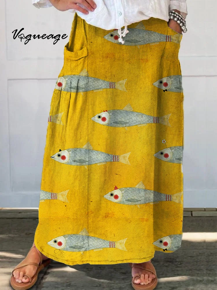 Stylish And Simple Fish Printed Women's Casual Cotton And Linen Skirt