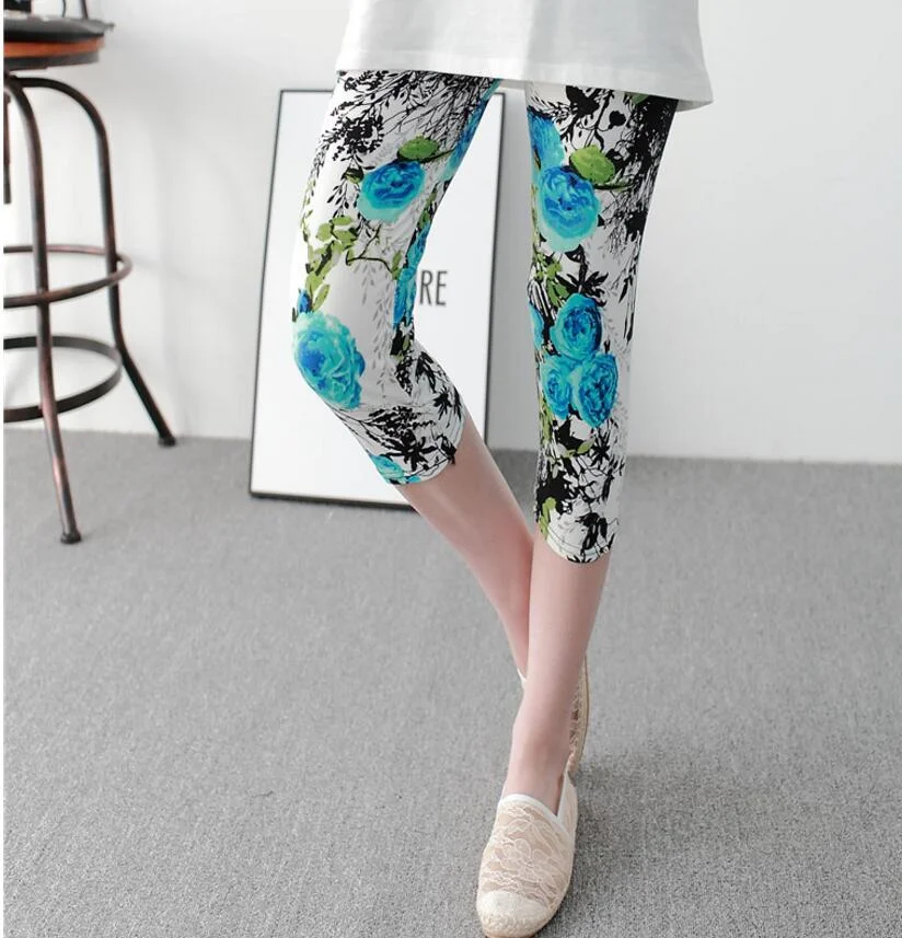 CUHAKCI Summer Printing Women Leggings Cropped Pants Casual Stretched Graffiti Tie Dyed Elastic Capris