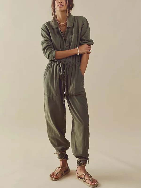 Lapel Long Sleeve Pocket Jumpsuit