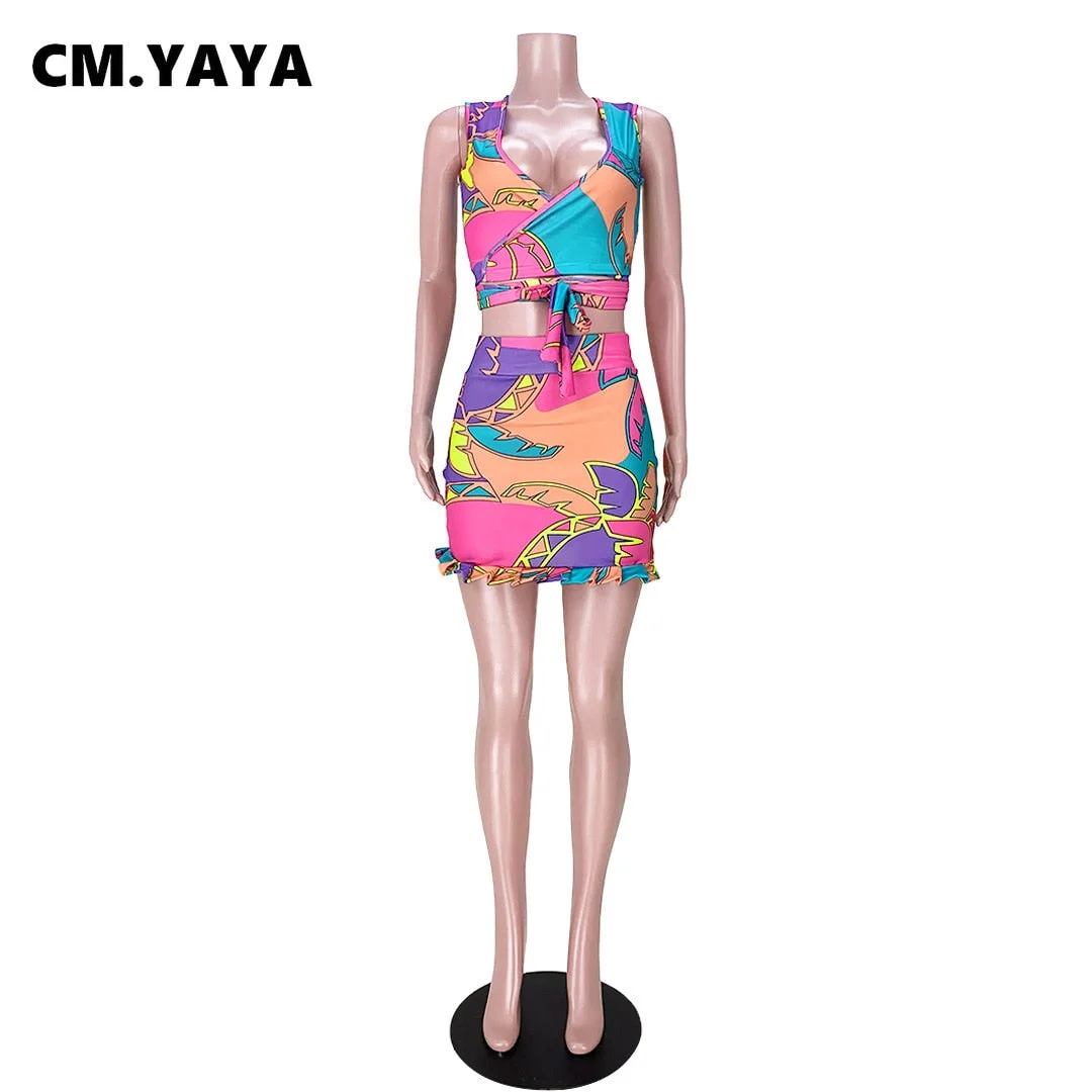 CM.YAYA Women Set Print V-neck Crop Tanks Tops Mini Skirts Two 2 Piece Sets Sexy Fashion Tracksuit Casual Outfit Summer 2021