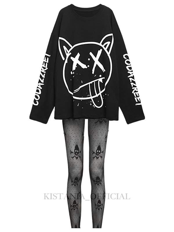 Dark Goth Oversized Long Sleeve Round Neck Emo Black Hoodie(S-XXL) + Skull Pattern Sexy Fishnet Tights(one size) 2 Pieces Sets