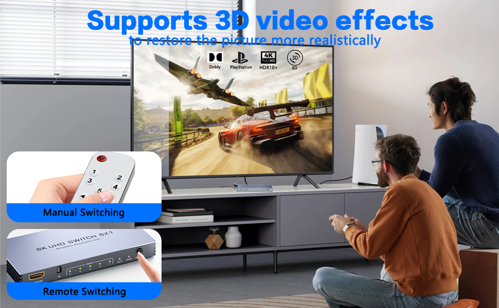 Text reads 'Supports 3D video effects'. Multiple monitors showing video editing software interfaces with various editing tools and timelines visible.