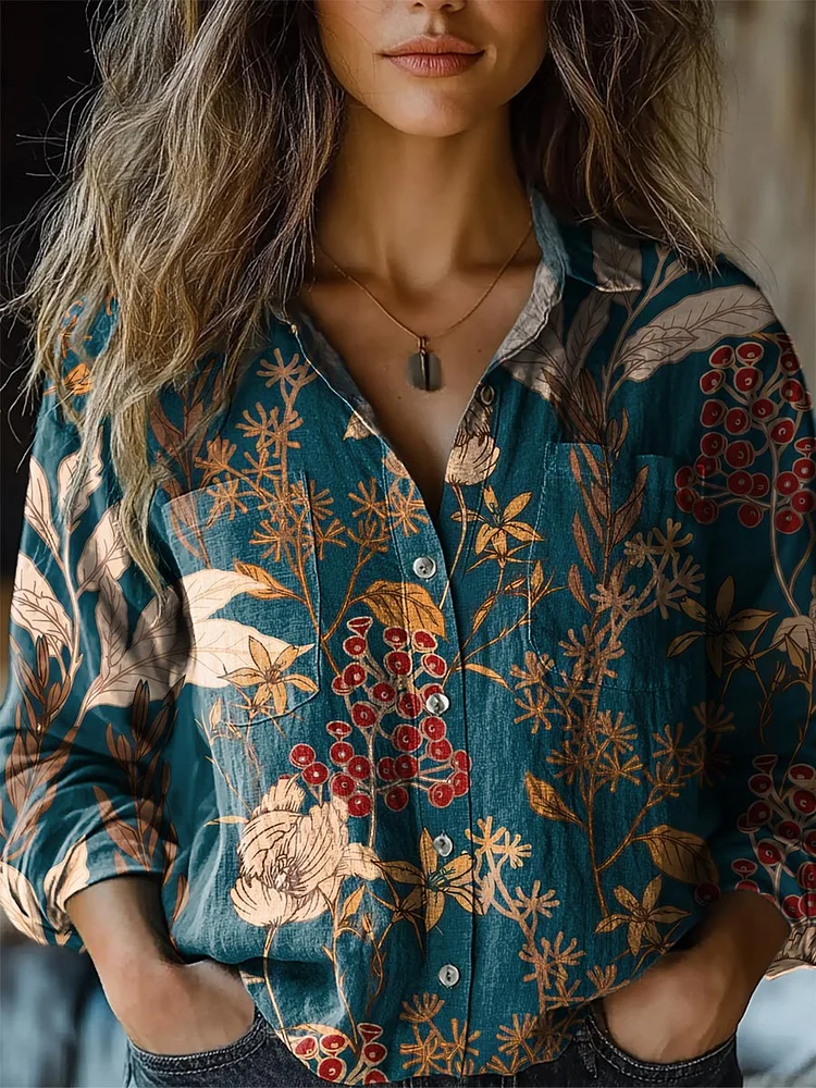 Women's Vintage Green Floral Print Casual Shirt