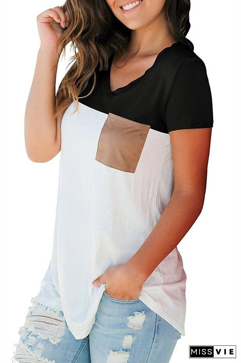 Mixed Color Pocket V Neck Top