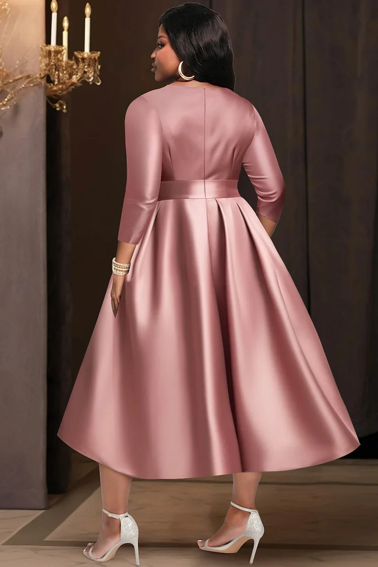 Xpluswear Design Plus Size Wedding Guest Pink V Neck 3/4 Sleeve Pocket Satin Midi Dresses [Pre-Order]