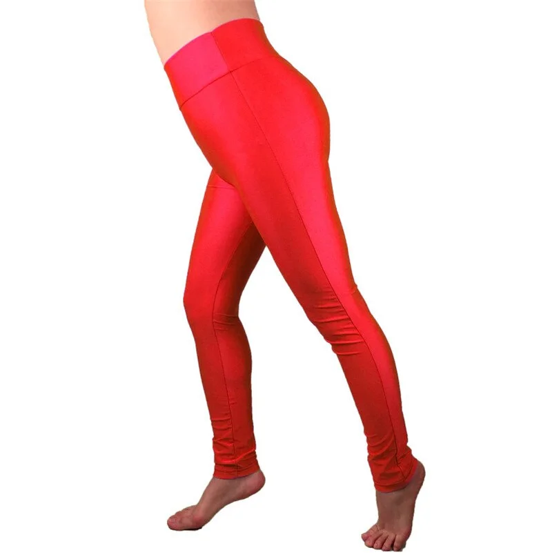 CUHAKCI Trousers Female Elastic Pants New High Waist Leggings Candy Colors Fluorescent Shiny Leggins Women Casual