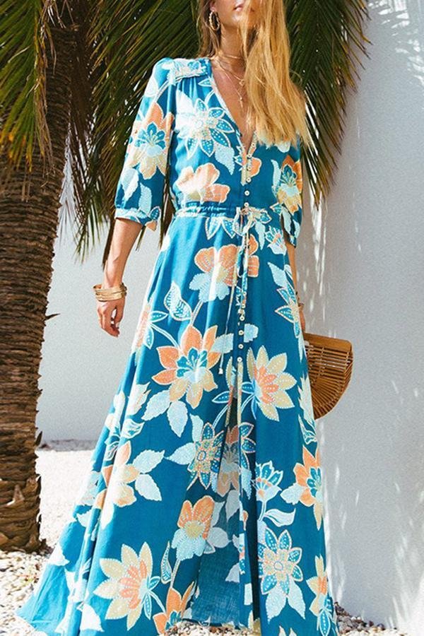 Womens Bohemia Beach Floral Print Dress-Allyzone-Allyzone