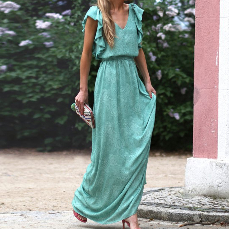 Mature Women V-neck Summer Sleeveless Printed Long Dress