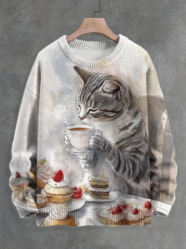 Men's Cat Drinking Tea Watercolor Art Print Knit Sweatshirt
