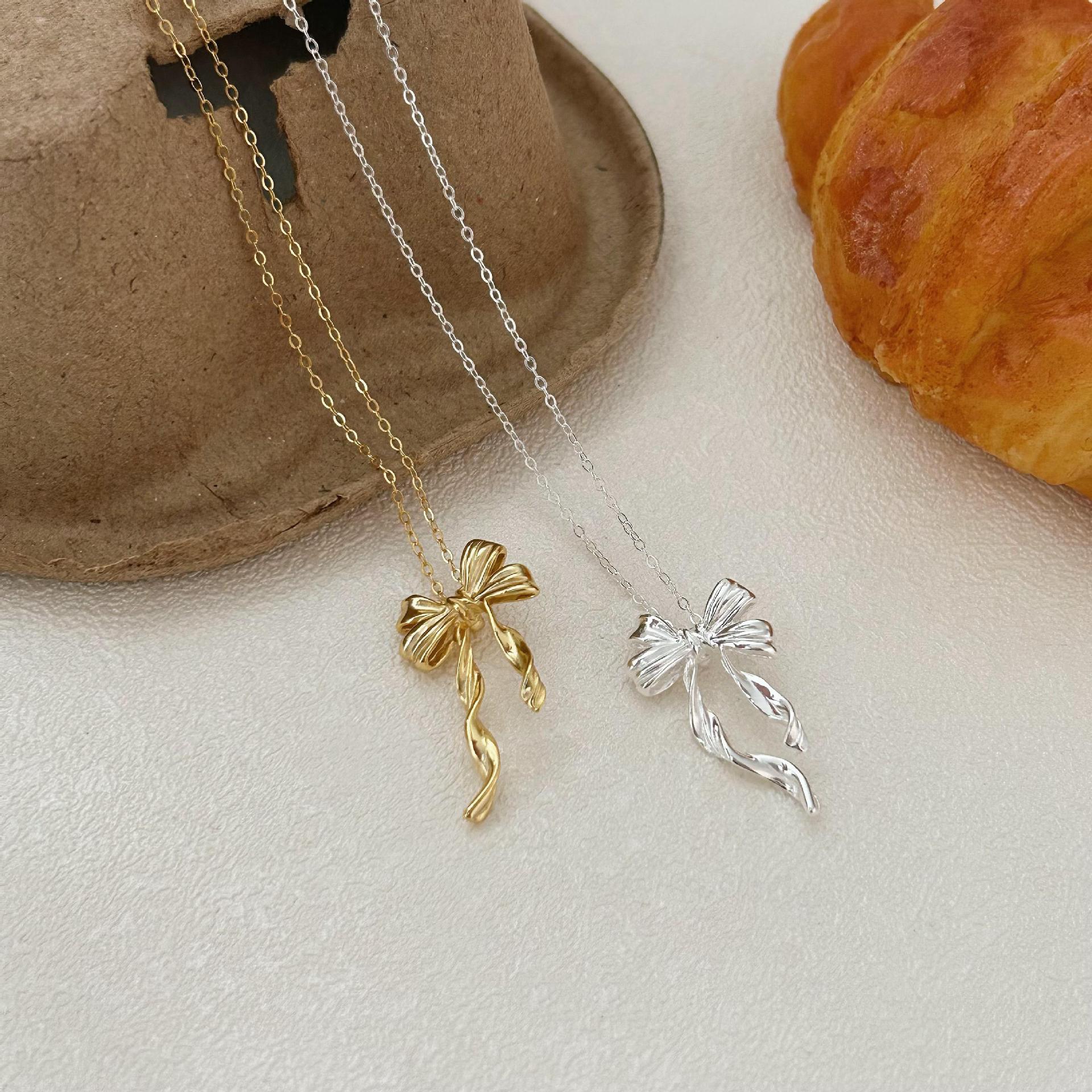 925 Sterling Silver Korean Bowknot Geometric Silver Electroplating Necklaces