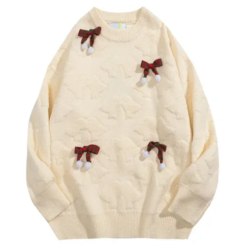 Demandernyc American Flocking Bow Three-dimensional Decorated Couple Christmas Sweaters for Men/Women Trendy Autumn Winter Knitted Pullovers