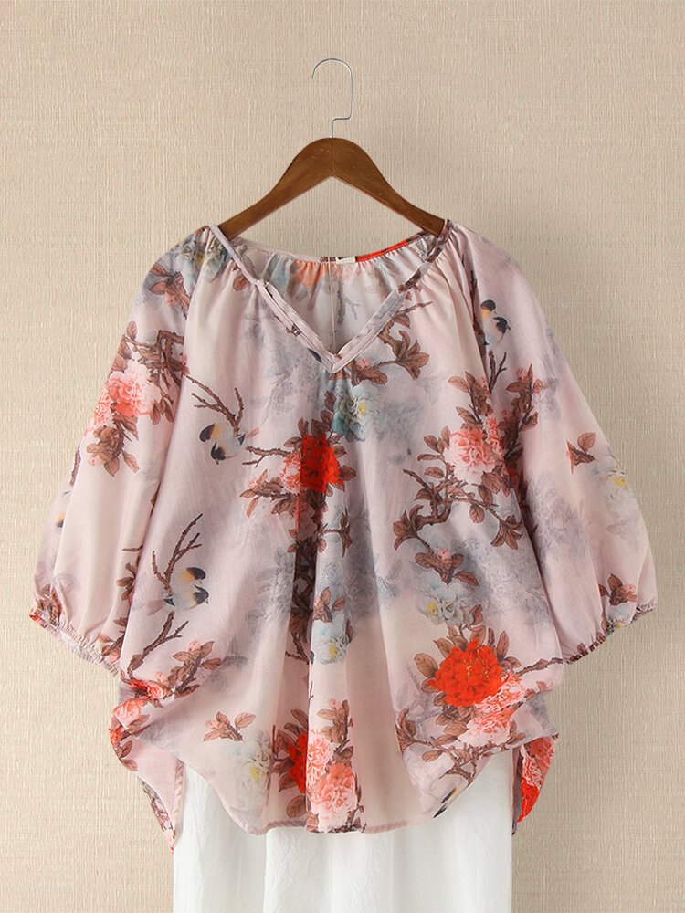 Vintage Flower Printed Notched Neck Casual Blouse For Women P1719499