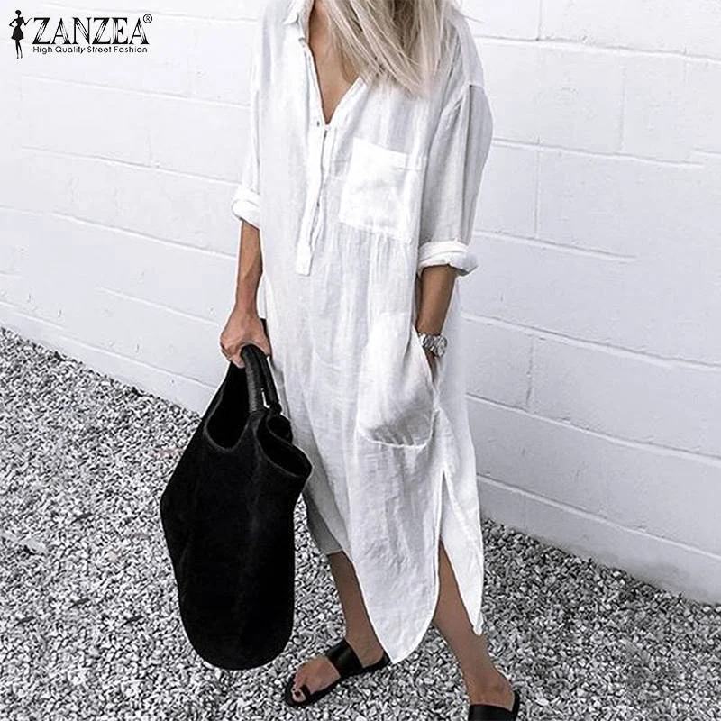 ZANZEA 2021 Women Lapel Long Sleeve Autumn Shirt Dress Cotton Split Dresses Elegant Solid Work Office Vestidos Female Tunic Robe