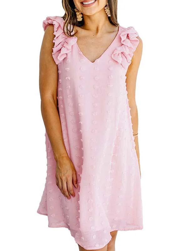 Women Half Sleeve V-neck Solid Color Dress