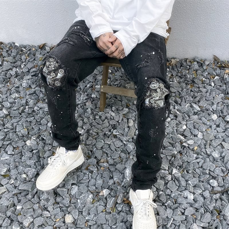 Hip-Hop Patch Cashew Ripped Jeans
