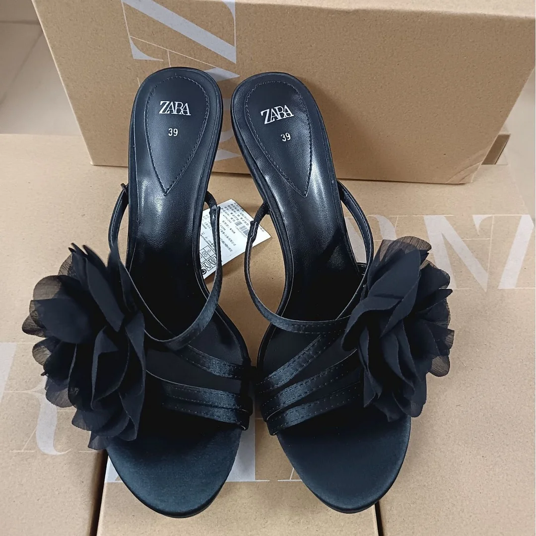 Breakj Breakj Home 2025 Summer New Black Fairy Wind Flowers Toe French Temperament High-Heeled Sandals Woman