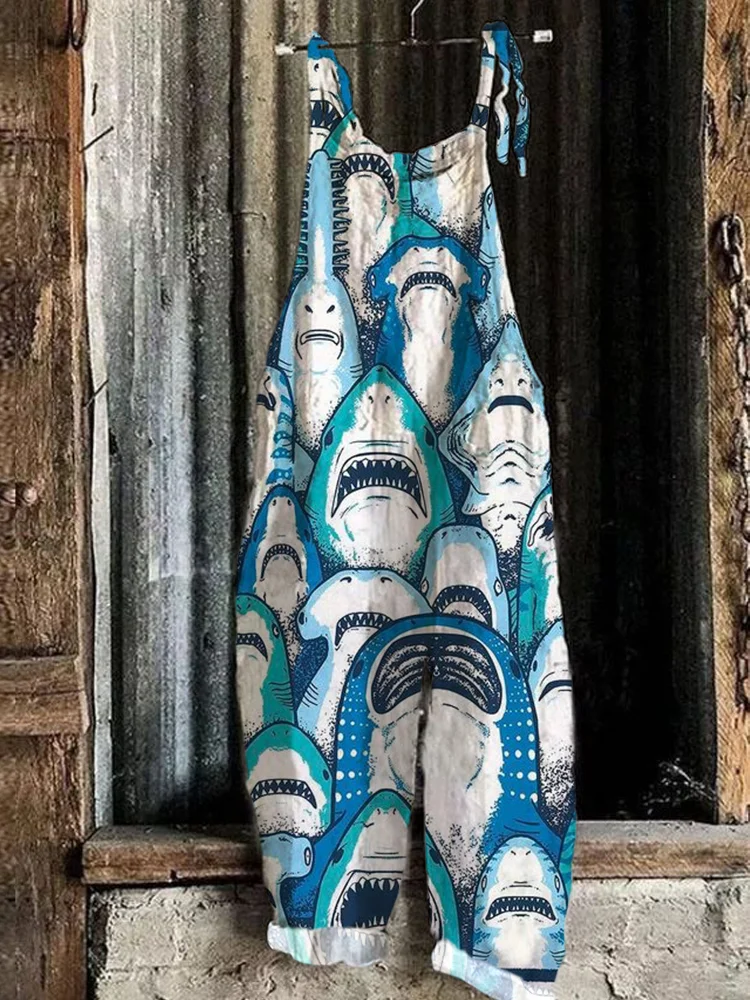 Ocean Shark Jaw Art Print Linen Bib Pants