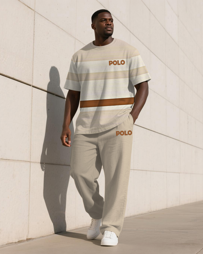 Men's Plus Size Khaki Colorblock Striped Alphabet Print T-Shirt Trousers Suit